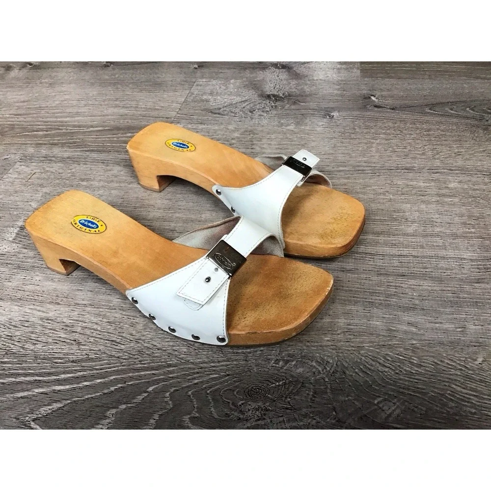 DR SCHOLL'S Original Wooden Sandal Women's Size 10 Slide SPECIAL White Leather